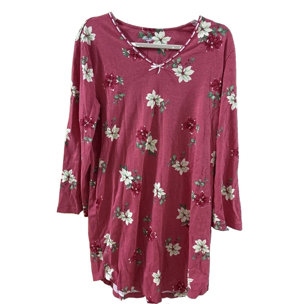 Erika Taylor Red Pink Poinsettia Soft 💯 Cotton Ribbon Detail Nightgown Large